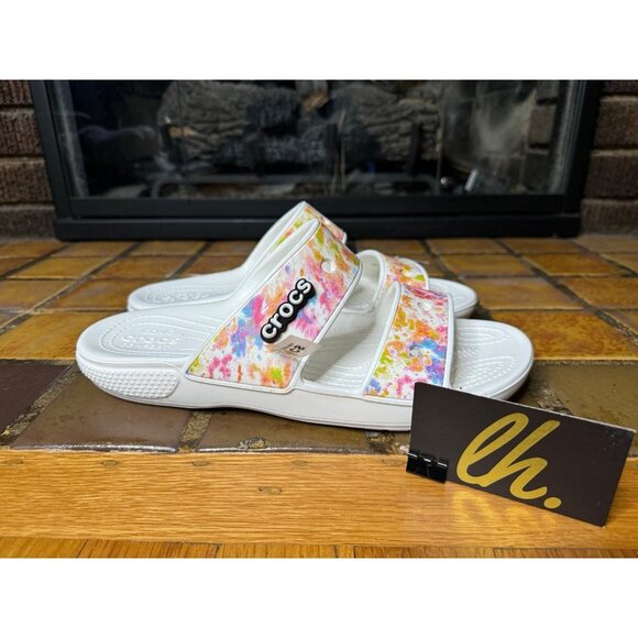 Women’s 11 Crocs Classic 2 Strap Tie Dye Graphic Slip On Comfort Sandals - Picture 1 of 8